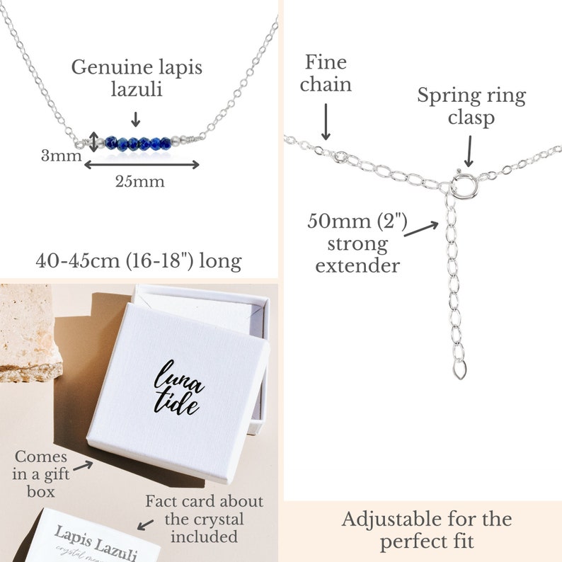 May include: A silver necklace with a lapis lazuli stone bar pendant. The necklace is 16 to 18 inches long and has a 2 inch extender. The necklace comes in a white gift box with a Luna Tide logo. A fact card about the crystal is included.