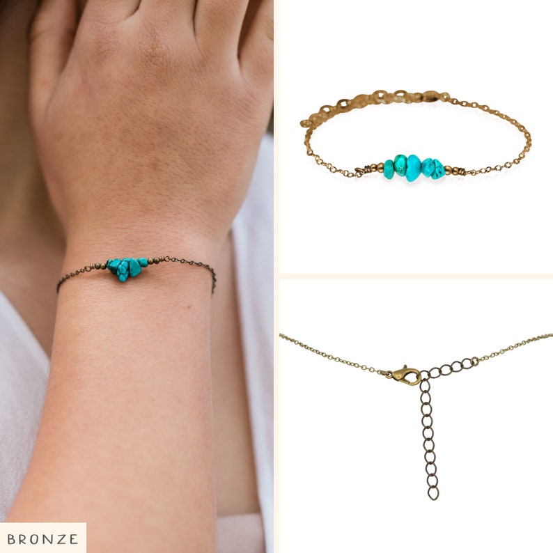 Turquoise bead bar crystal bracelet in bronze, silver, gold or rose gold 6 chain with 2 adjustable extender December birthstone image 6