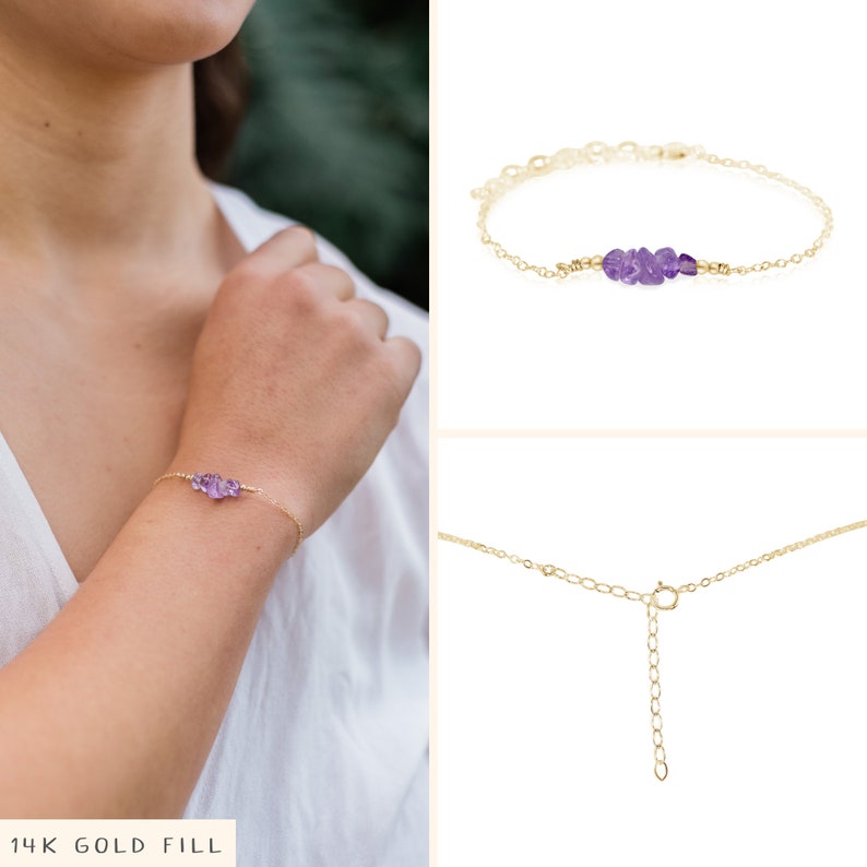 Amethyst Bar Bracelet Amethyst Bracelet Amethyst Beaded Bar Bracelet February Birthstone Bracelet Dainty Gemstone Bracelet 14k Gold Fill