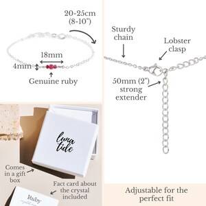 May include: A silver chain bracelet featuring a genuine ruby gemstone. The bracelet is adjustable with a lobster clasp and a 5 cm extender chain. The bracelet comes in a gift box with a fact card about the crystal.
