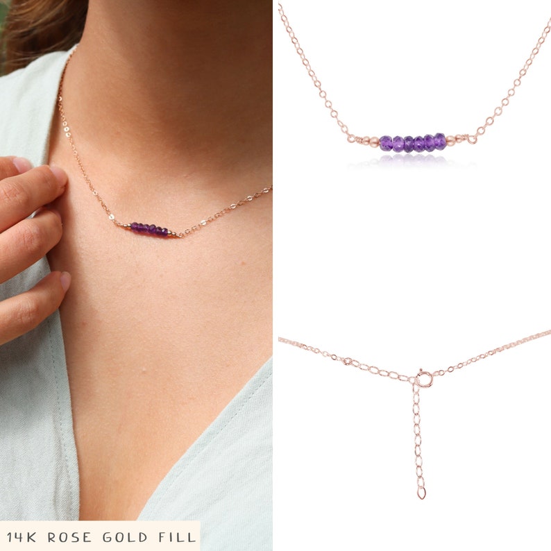 Purple amethyst semi-precious gemstone beaded bar necklace. Tiny amethyst bead necklace. Real genuine amethyst February birthstone necklace image 4