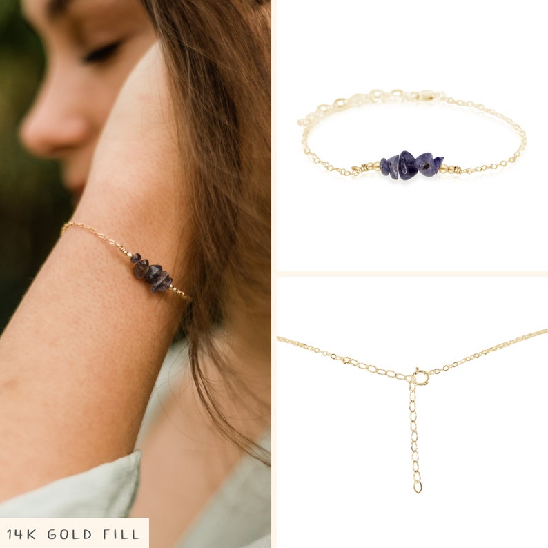 Iolite bead bar crystal bracelet in bronze, silver, gold or rose gold 6 chain with 2 adjustable extender September birthstone image 2