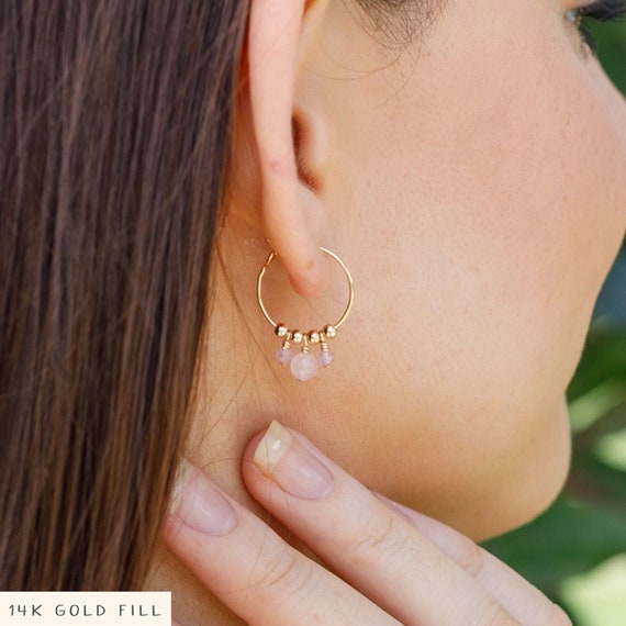 Rose Quartz Hoop Earrings. Boho Earrings Gift for Her. Rose Quartz Earrings Handmade. Gold Hoop Earrings. Beaded Earrings. Crystal Earrings. Etsy Canada