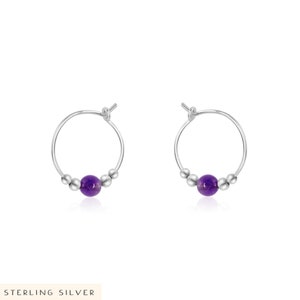 Tiny purple amethyst bead hoop earrings in silver, gold, or rose gold. Simple gemstone amethyst earrings for women. Everyday earrings gift. Sterling Silver