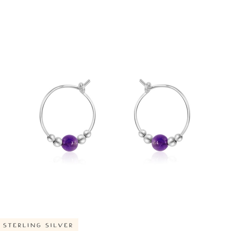 Tiny purple amethyst bead hoop earrings in silver, gold, or rose gold. Simple gemstone amethyst earrings for women. Everyday earrings gift. Sterling Silver