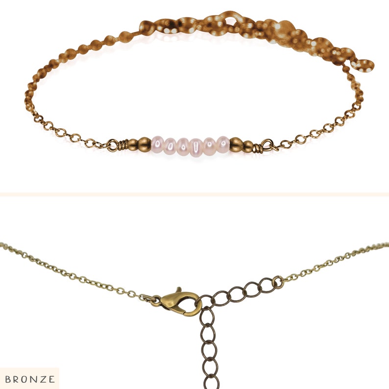 Tiny freshwater pearl bead bar bracelet. White pearl bracelet. Elegant beaded bar bracelet for women. Dainty June birthstone bracelet gift. Bronze