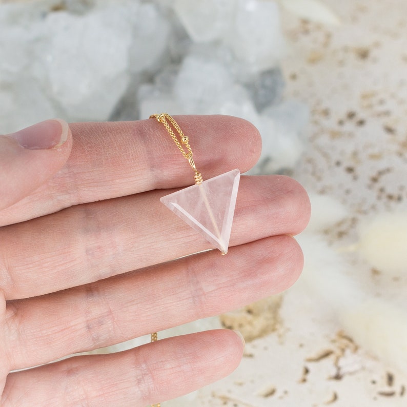 Rose Quartz Triangle Necklace Rose Quartz Necklace Long Rose Crystal Quartz Necklace Pink Crystal Quartz Necklace Love Quartz image 2