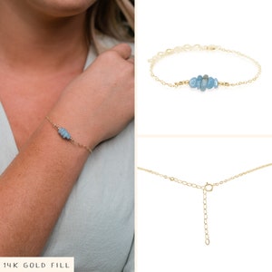 Aquamarine bead bar crystal bracelet in bronze, silver, gold or rose gold 6 chain with 2 adjustable extender March birthstone image 2