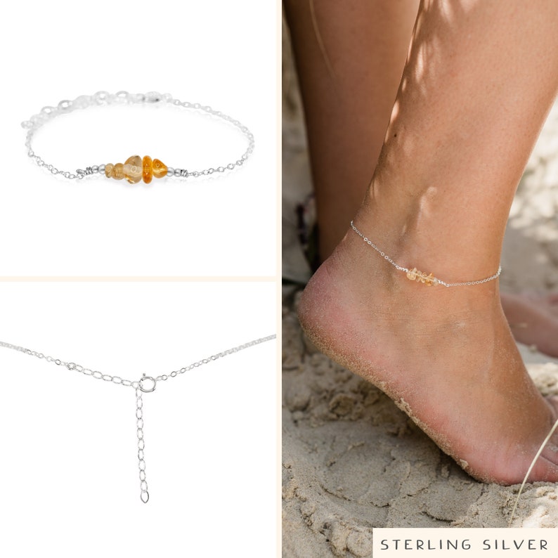 gold or rose gold silver Citrine bead bar crystal gemstone anklet in bronze 8 chain with 2 adjustable extender November birthstone
