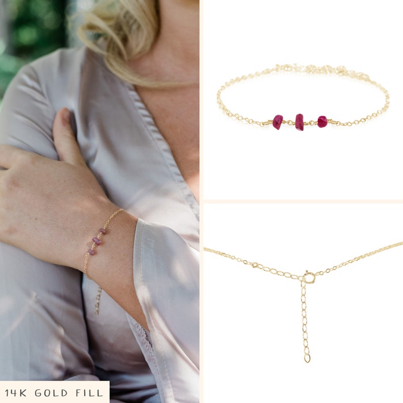 Ruby bracelet. Pink ruby jewelry. Ruby rosary bracelet. July birthstone bracelet. Bead bracelet gift for her. Ruby gift. Delicate bracelet. 14k Gold Fill