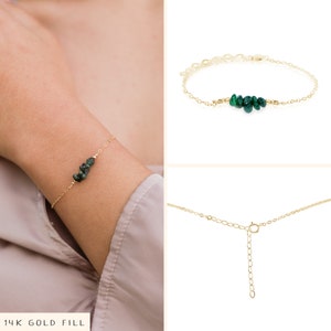 Emerald bead bar crystal bracelet in bronze, silver, gold or rose gold 6 chain with 2 adjustable extender May birthstone 14k Gold Fill