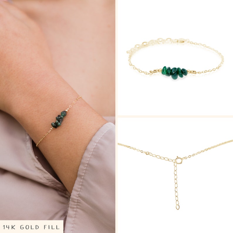 Emerald bead bar crystal bracelet in bronze, silver, gold or rose gold 6 chain with 2 adjustable extender May birthstone 14k Gold Fill