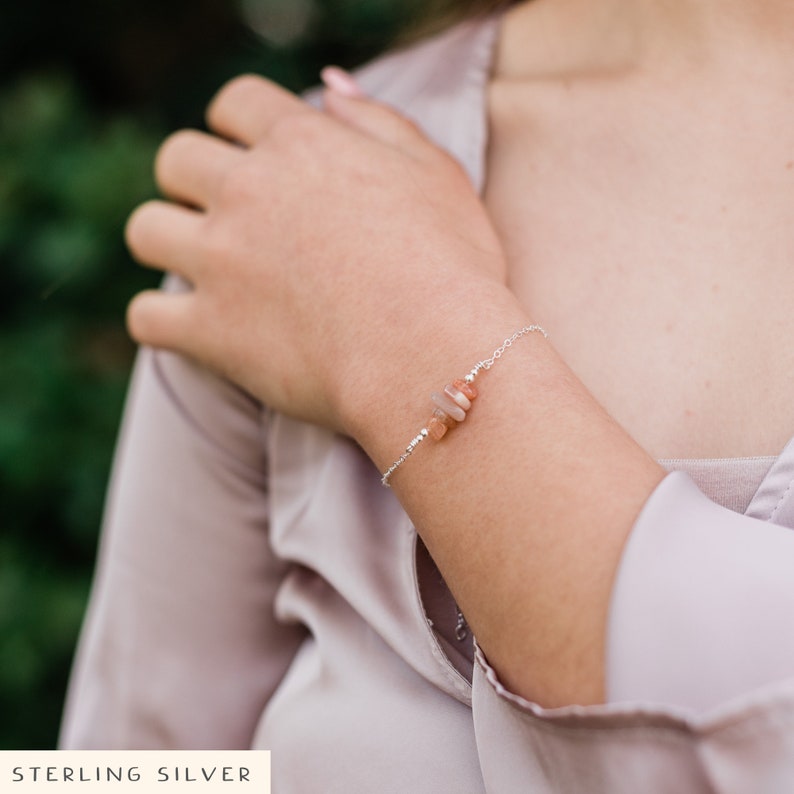 Orange sunstone bead bar crystal bracelet in bronze, silver, gold or rose gold 6 chain with 2 adjustable extender image 1