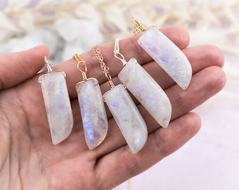Rainbow moonstone smooth point necklace. Genuine moonstone pendant necklace. Real moon stone crystal necklace. June birthstone necklace.