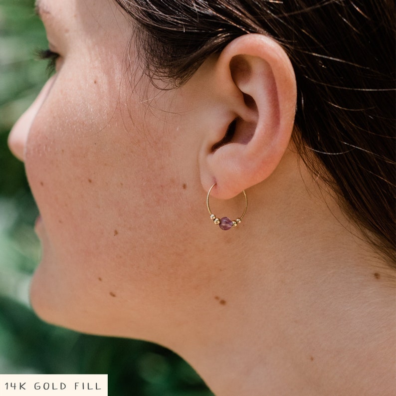 Tiny purple amethyst bead hoop earrings in silver, gold, or rose gold. Simple gemstone amethyst earrings for women. Everyday earrings gift. image 1