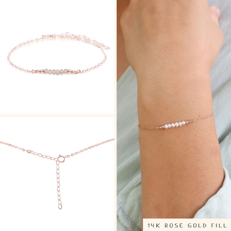 Tiny freshwater pearl bead bar bracelet. White pearl bracelet. Elegant beaded bar bracelet for women. Dainty June birthstone bracelet gift. 14k Rose Gold Fill