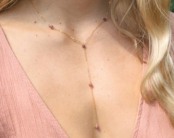 Pink tourmaline bead chain lariat necklace in bronze, silver, gold or rose gold. 16" long with 2" adjustable extender. October birthstone