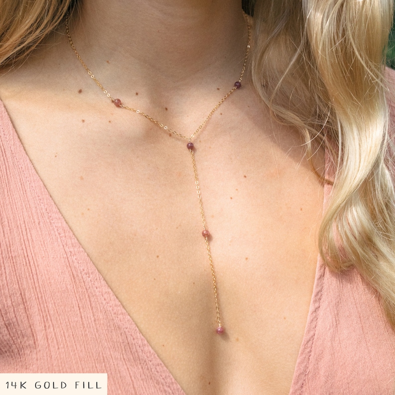 Pink tourmaline bead chain lariat necklace in bronze, silver, gold or rose gold. 16 long with 2 adjustable extender. October birthstone image 1