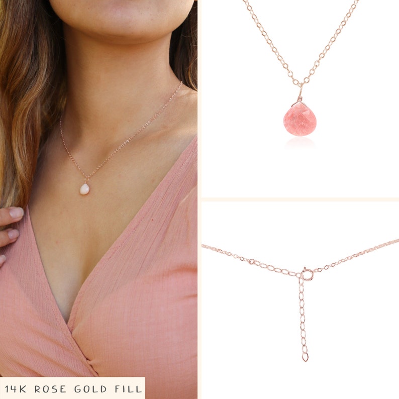 Tiny pink Peruvian opal necklace Small pink opal teardrop necklace Natural pale pink opal crystal necklace October birthstone necklace image 3