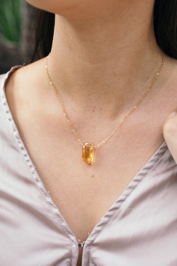 Small Citrine Quartz Necklace Tiny Crystal - Citrine Quartz Pendant