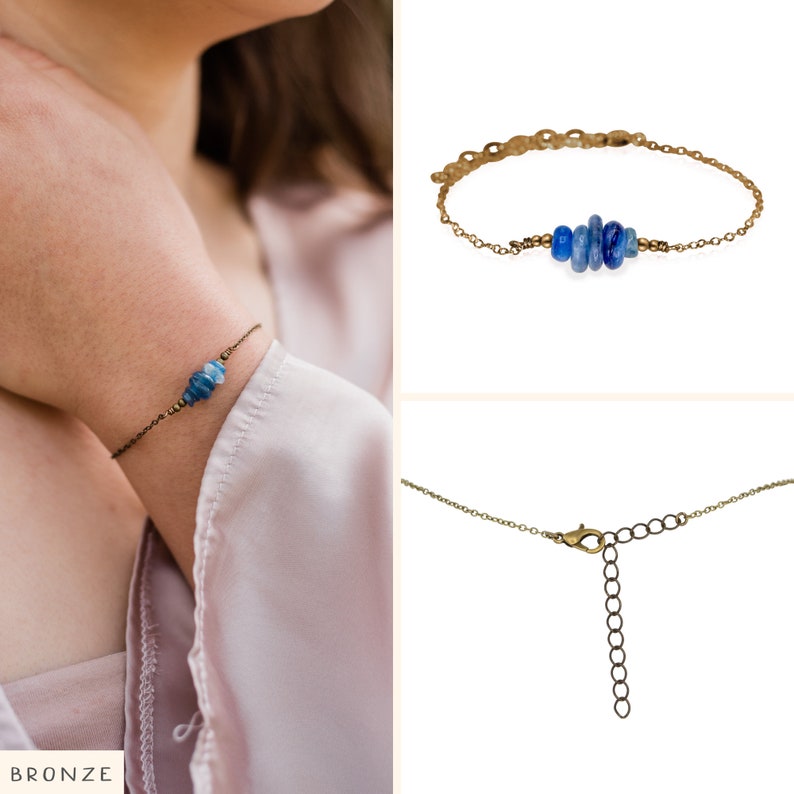 Blue kyanite bead bar crystal bracelet in bronze, silver, gold or rose gold 6 chain with 2 adjustable extender image 6