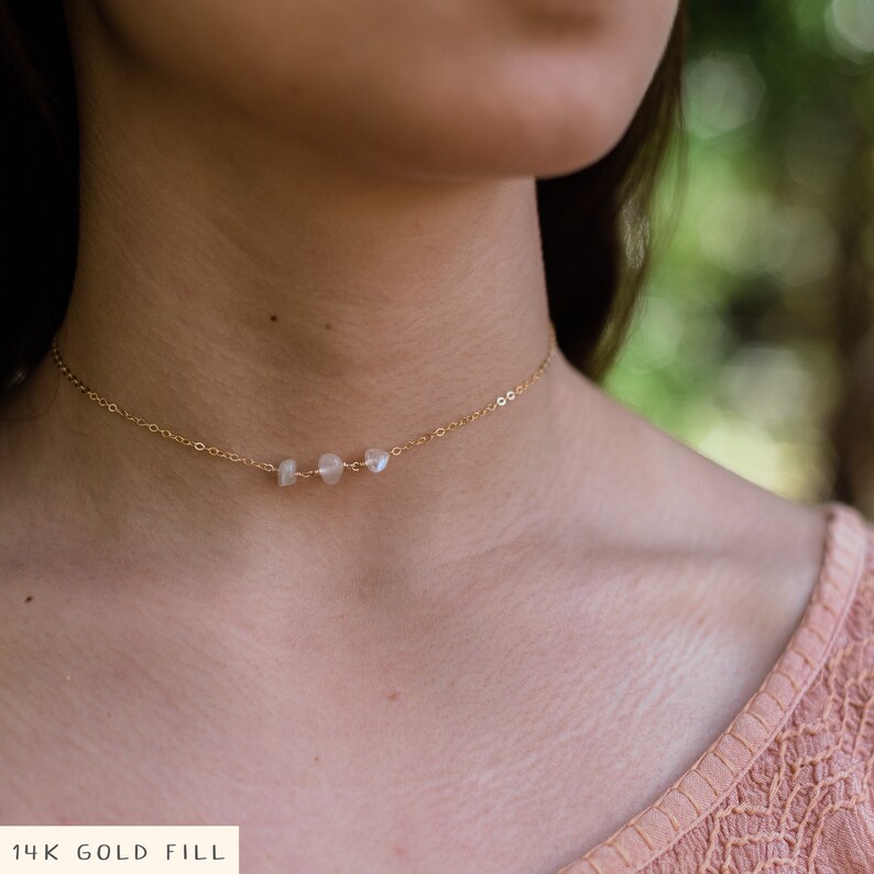 Rainbow moonstone choker necklace. Tiny beaded choker. Tiny beaded choker. Beaded boho choker. Gold beaded choker. June birthstone. image 1