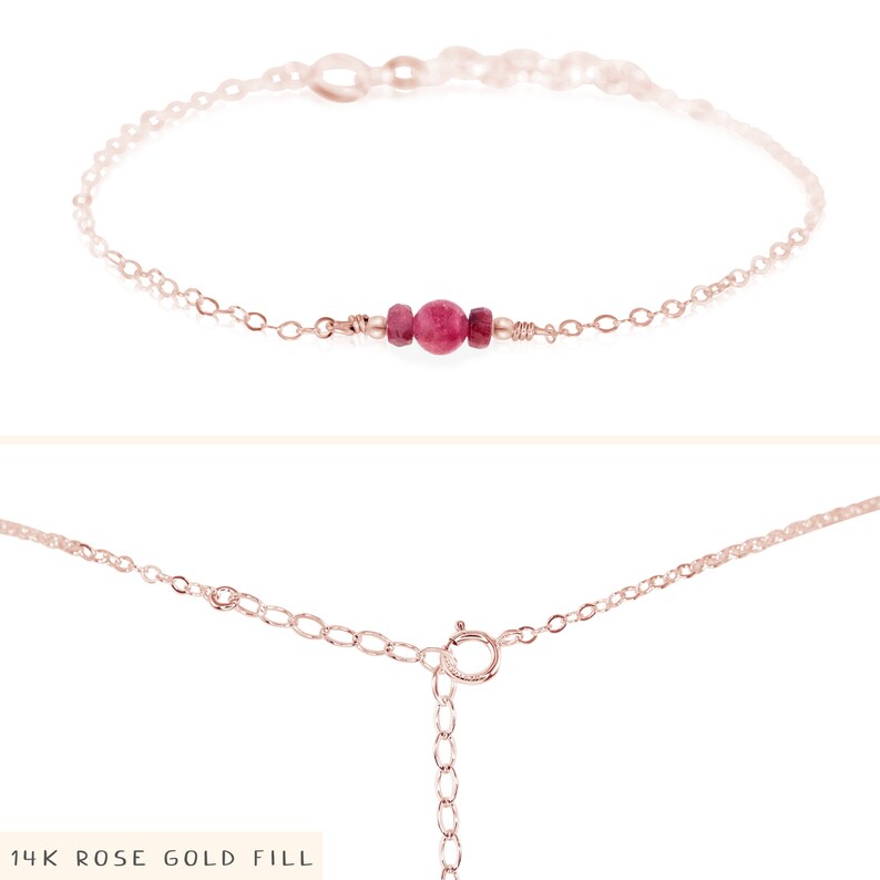 May include: A delicate rose gold filled chain bracelet with a single pink gemstone bead. 14K Rose Gold Fill.