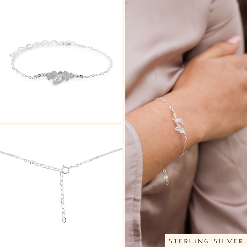 Crystal quartz bead bar crystal bracelet in bronze, silver, gold or rose gold 6 chain with 2 adjustable extender April birthstone Sterling Silver