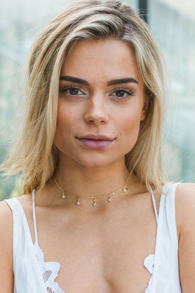 12 with 2 extender Boho rose quartz bead drop choker necklace in bronze January birthstone gold or rose gold Ships from USA silver