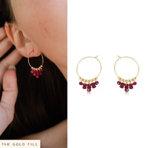 Ruby hippie earrings. Hoop fringe earrings. Modern tribal hoops. Statement earrings. Ruby earrings. Beaded earrings. July birthstone image 2