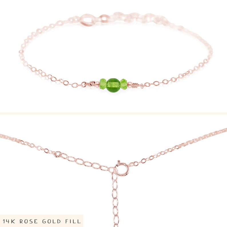 Green peridot bracelet. Peridot bracelet. Handmade jewelry gift for her. Green gemstone bracelet. August birthstone crystal bracelet. 14k Rose Gold Fill