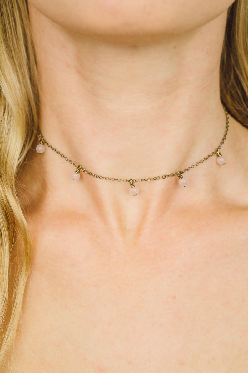 12 with 2 extender Boho rose quartz bead drop choker necklace in bronze January birthstone gold or rose gold Ships from USA silver