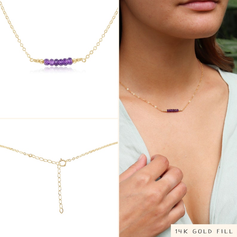 Purple amethyst semi-precious gemstone beaded bar necklace. Tiny amethyst bead necklace. Real genuine amethyst February birthstone necklace image 3