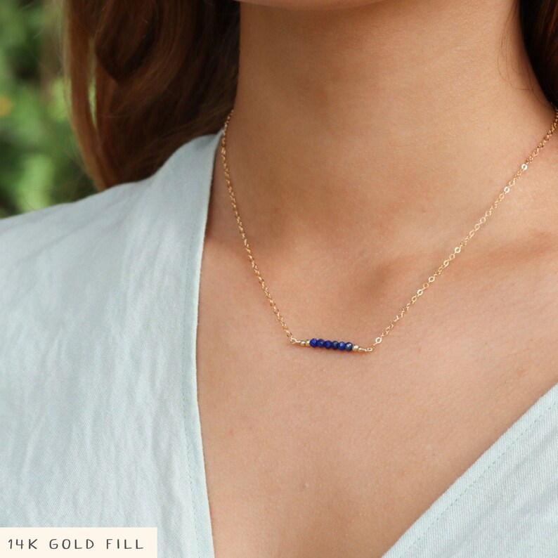 Blue lapis lazuli semi-precious gemstone beaded bar necklace. Tiny gem bead necklace. Genuine crystal September birthstone necklace gift. image 1