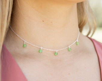 Chrysoprase bead dangle boho choker - Green genuine crystal bead drop choker - May birthstone jewellery made from real natural minerals