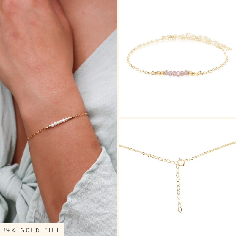 Tiny freshwater pearl bead bar bracelet. White pearl bracelet. Elegant beaded bar bracelet for women. Dainty June birthstone bracelet gift. 14k Gold Fill