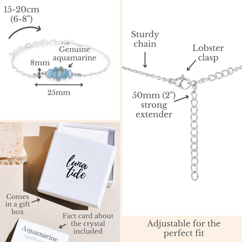 Aquamarine bead bar crystal bracelet in bronze, silver, gold or rose gold 6 chain with 2 adjustable extender March birthstone image 8