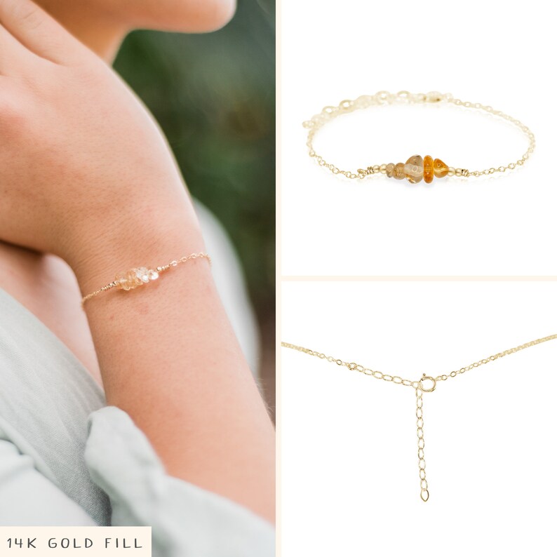 Citrine bead bar crystal bracelet in bronze, silver, gold or rose gold 6 chain with 2 adjustable extender November birthstone 14k Gold Fill