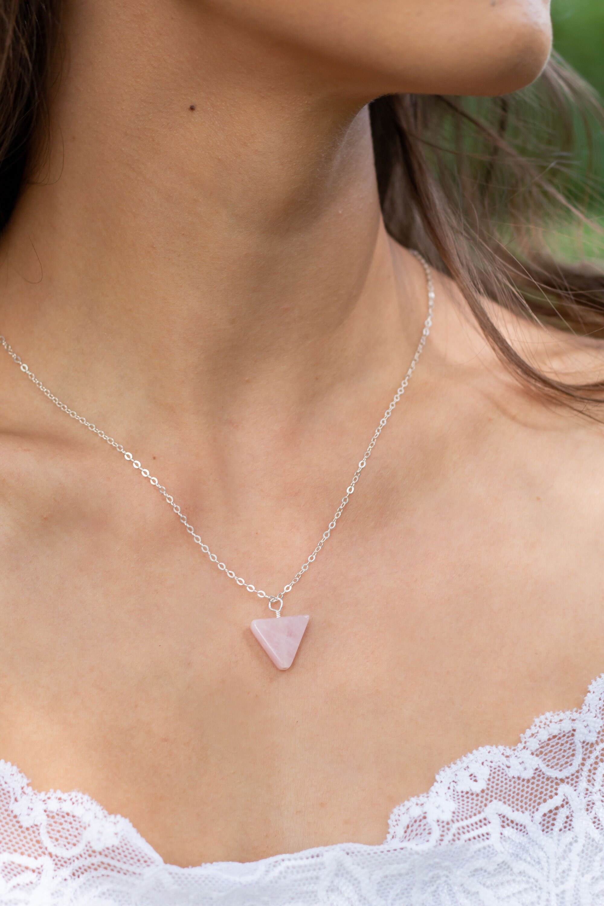 Rose Quartz Triangle Necklace Rose 