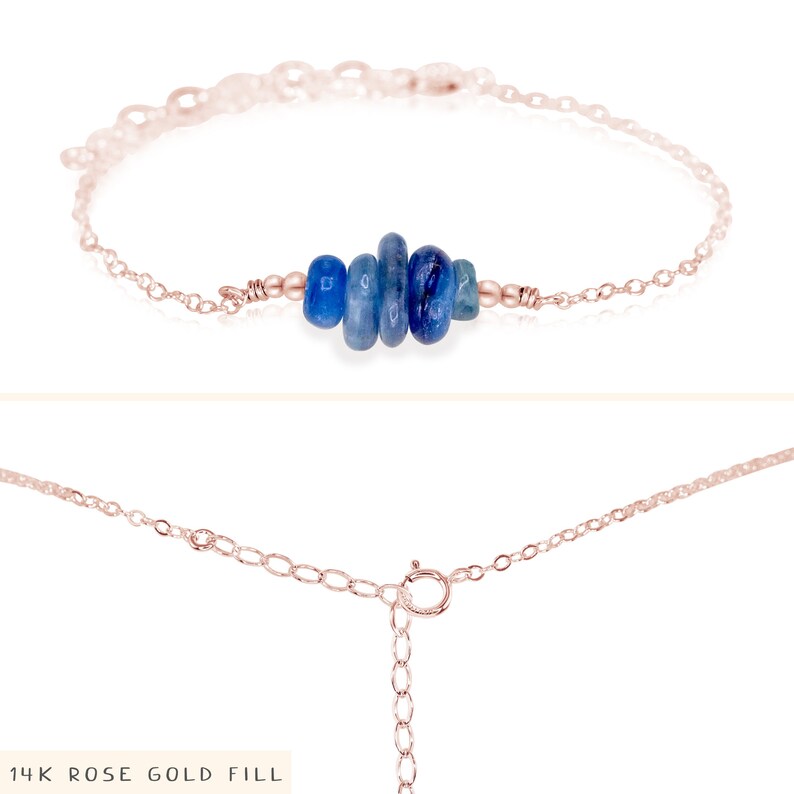 Blue kyanite bead bar crystal bracelet in bronze, silver, gold or rose gold 6 chain with 2 adjustable extender image 3