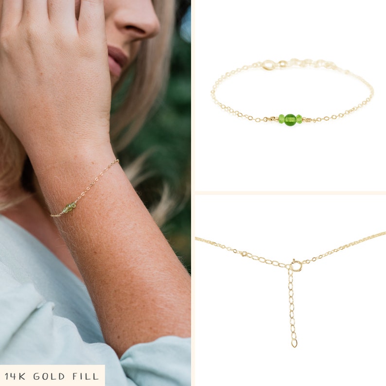 Green peridot bracelet. Peridot bracelet. Handmade jewelry gift for her. Green gemstone bracelet. August birthstone crystal bracelet. 14k Gold Fill