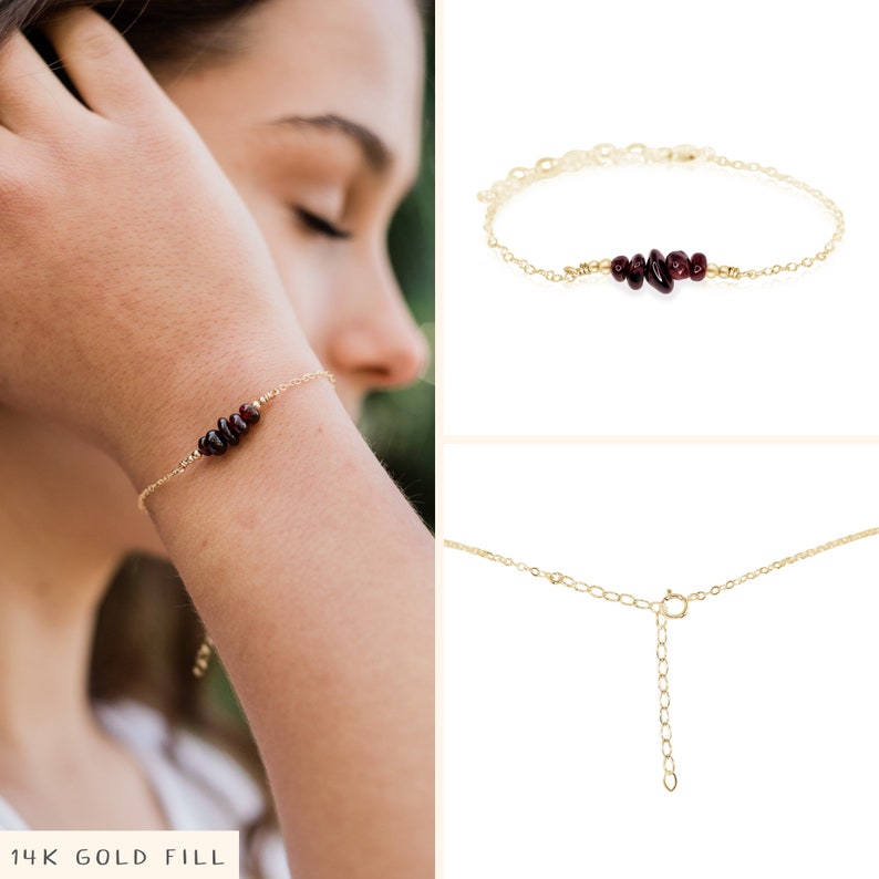 Garnet bead bar crystal bracelet in bronze, silver, gold or rose gold 6 chain with 2 adjustable extender January birthstone image 2