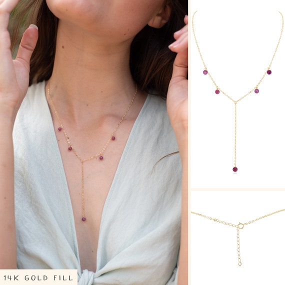 Dainty ruby bead necklace. Gold lariat chain ruby necklace. Genuine ruby Y necklace. Real ruby lariat silver necklace. Simple ruby necklace. Etsy