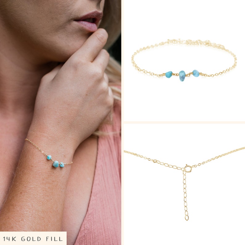 Light blue aqua larimar gemstone beaded bracelet in bronze, silver, gold or rose gold 6 with 2 adjustable extender 14k Gold Fill