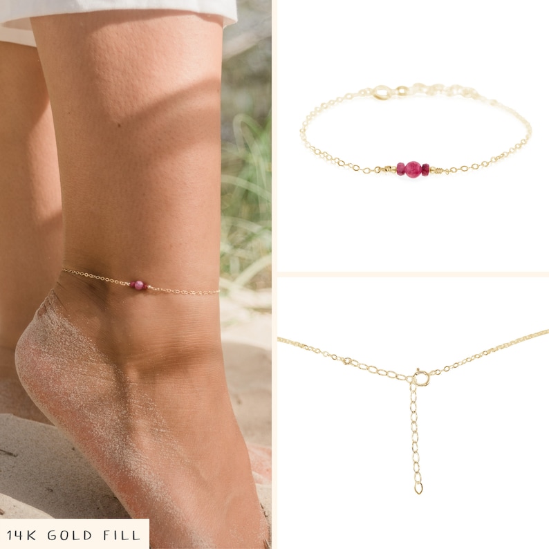 May include: Gold anklet with a delicate chain and three small pink gemstones. 14K Gold Fill.