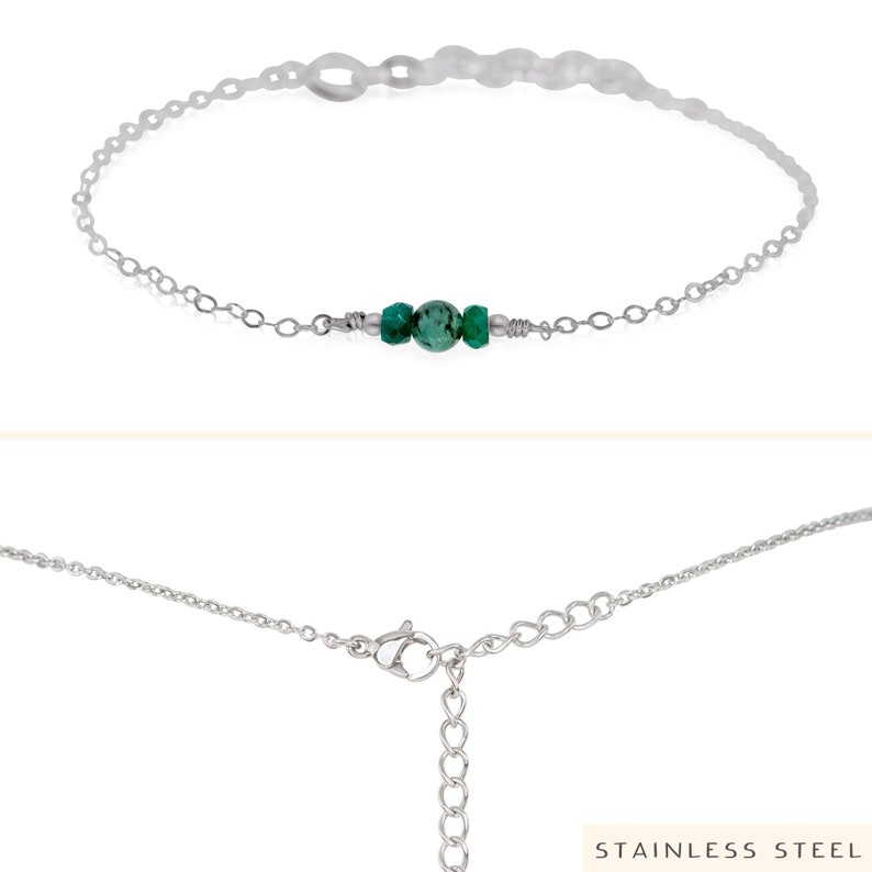 Green emerald dainty gemstone bracelet in gold, silver, bronze, rose gold 6 chain with 2 adjustable extender May birthstone bracelet Stainless Steel