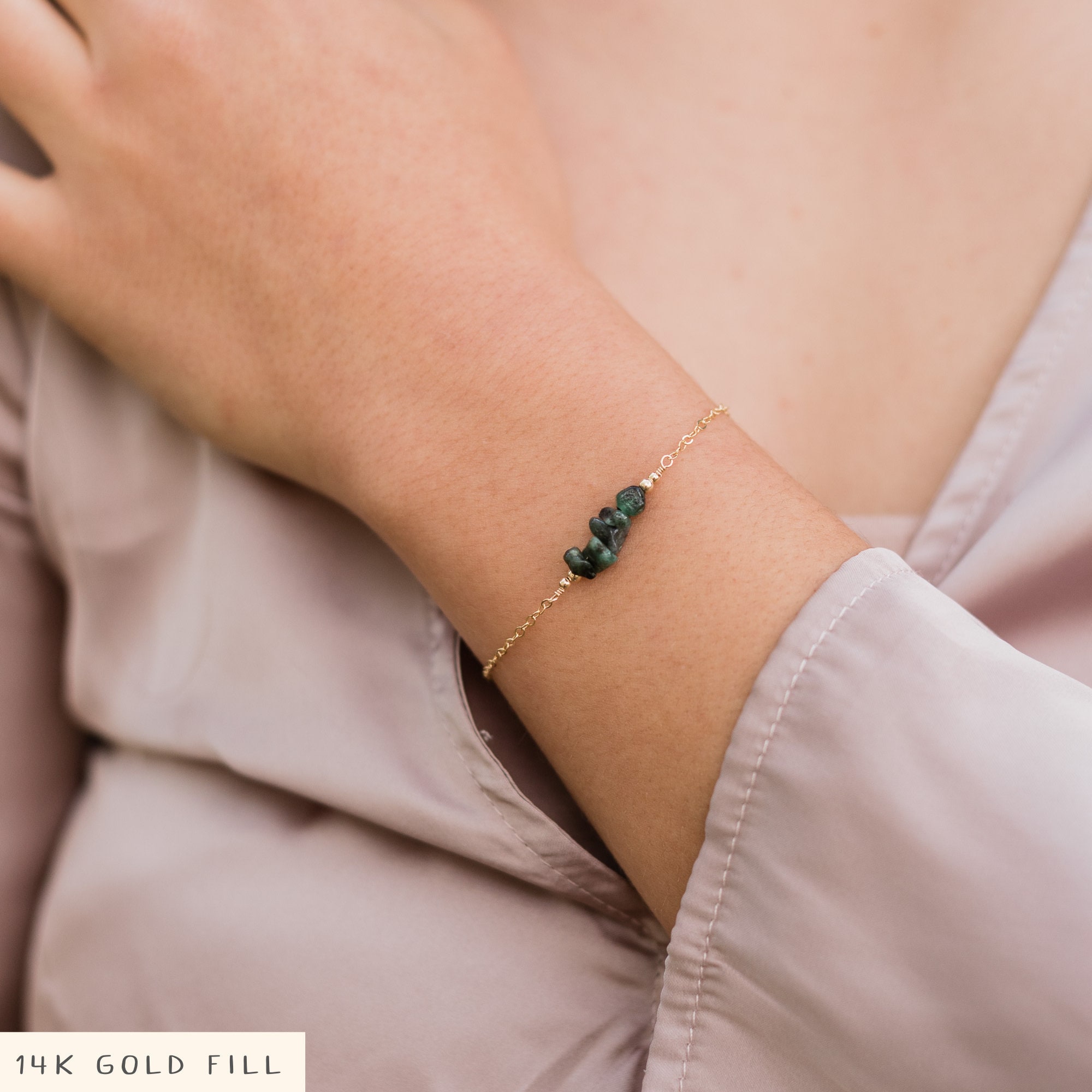Emerald bead bar crystal bracelet in bronze, silver, gold or rose gold - 6" chain with 2" adjustable extender - May birthstone