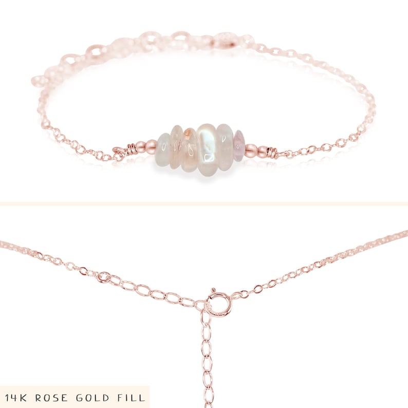 Moonstone bead bar crystal bracelet in bronze, silver, gold or rose gold 6 chain with 2 adjustable extender June birthstone 14k Rose Gold Fill