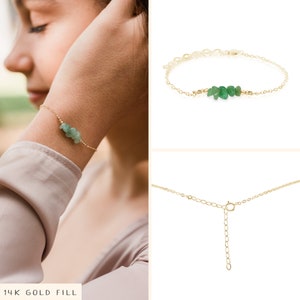 Aventurine bead bar crystal bracelet in bronze, silver, gold or rose gold 6 chain with 2 adjustable extender 14k Gold Fill