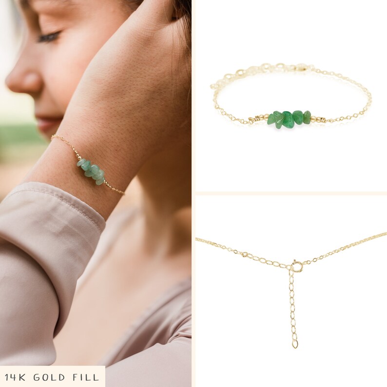 Aventurine bead bar crystal bracelet in bronze, silver, gold or rose gold 6 chain with 2 adjustable extender 14k Gold Fill